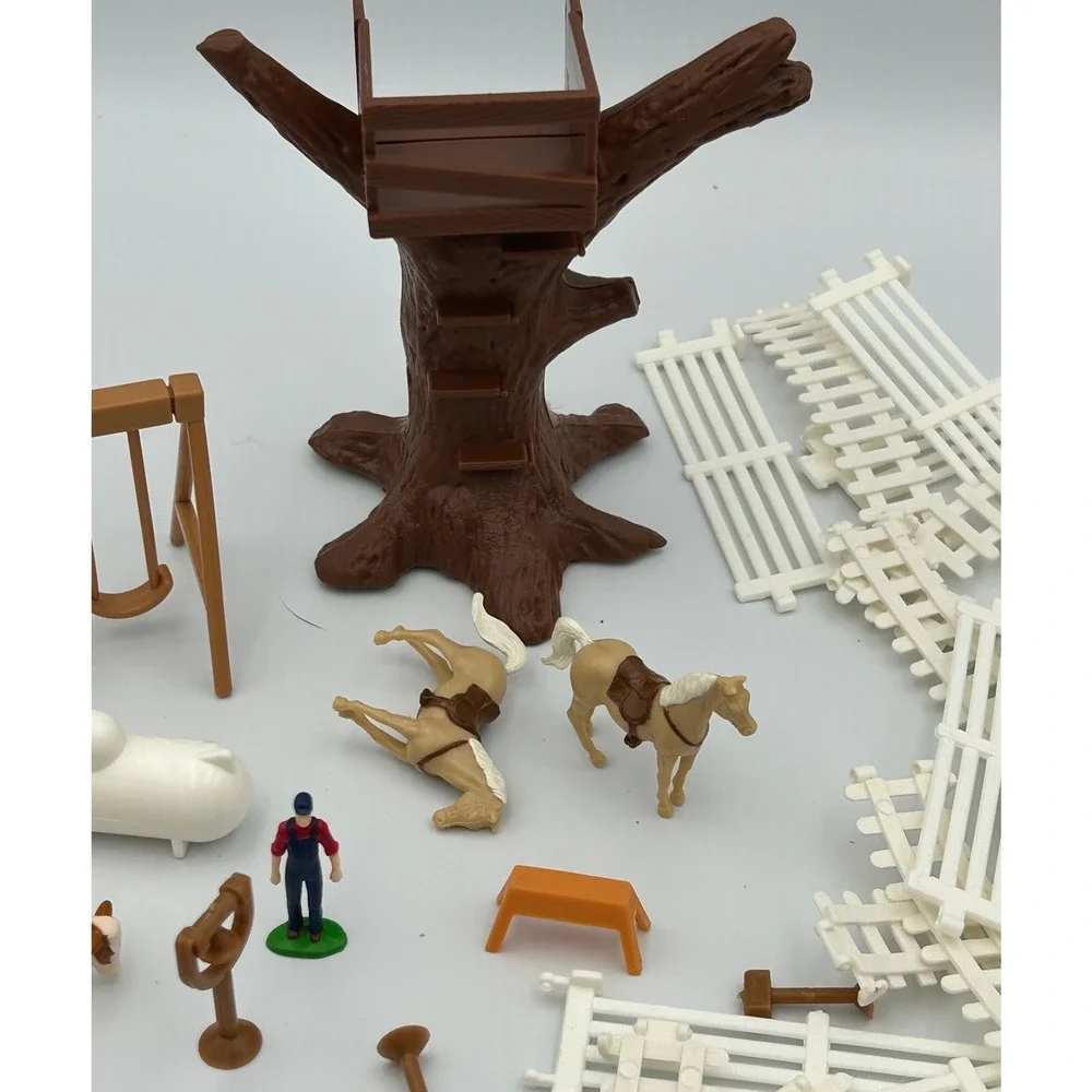 Vintage Miniature Farm Playset Lot Red Tractor Animals Fencing Treehouse Figures
